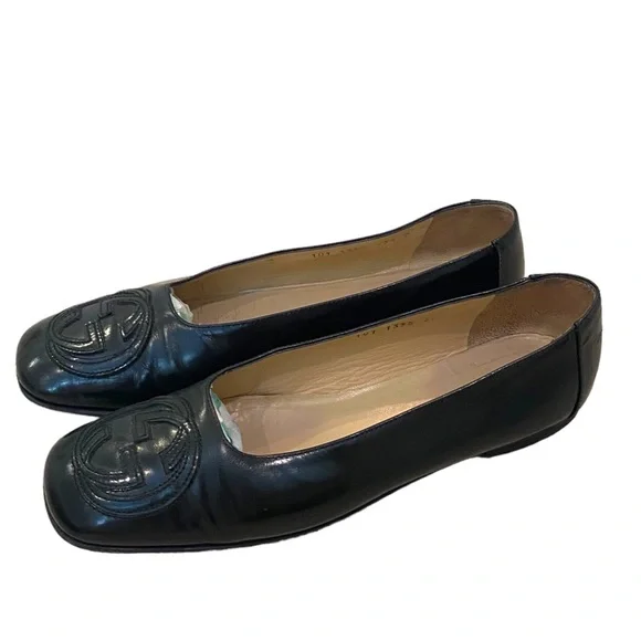 Gucci black flat pumps ballet square toe interlocking GG 8.5 leather